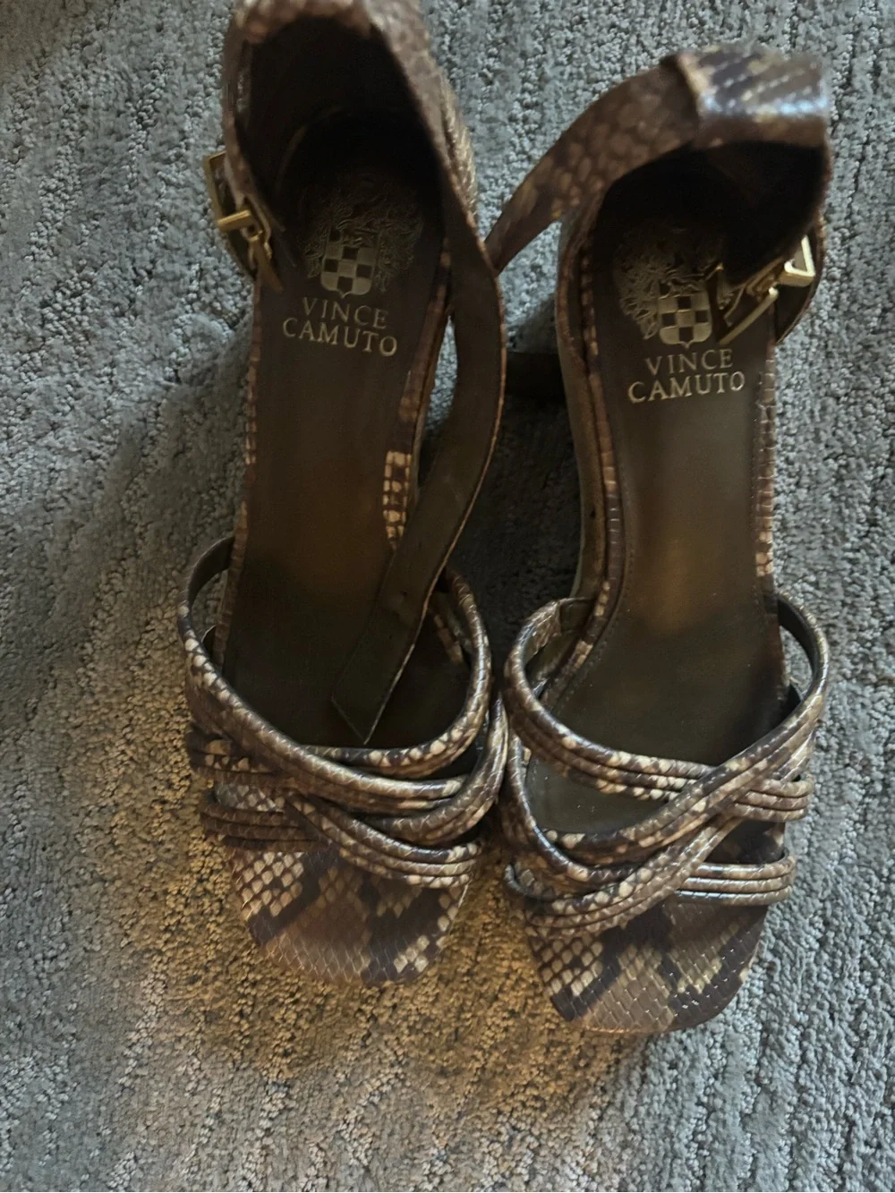 Vince Camuto Brown Snake-Print Strappy Heels